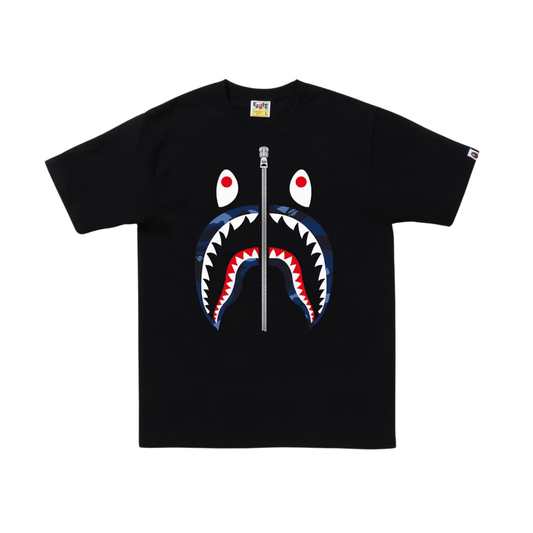 A Bathing Ape Color Camo Silver Zip Shark Tee  Black Navy